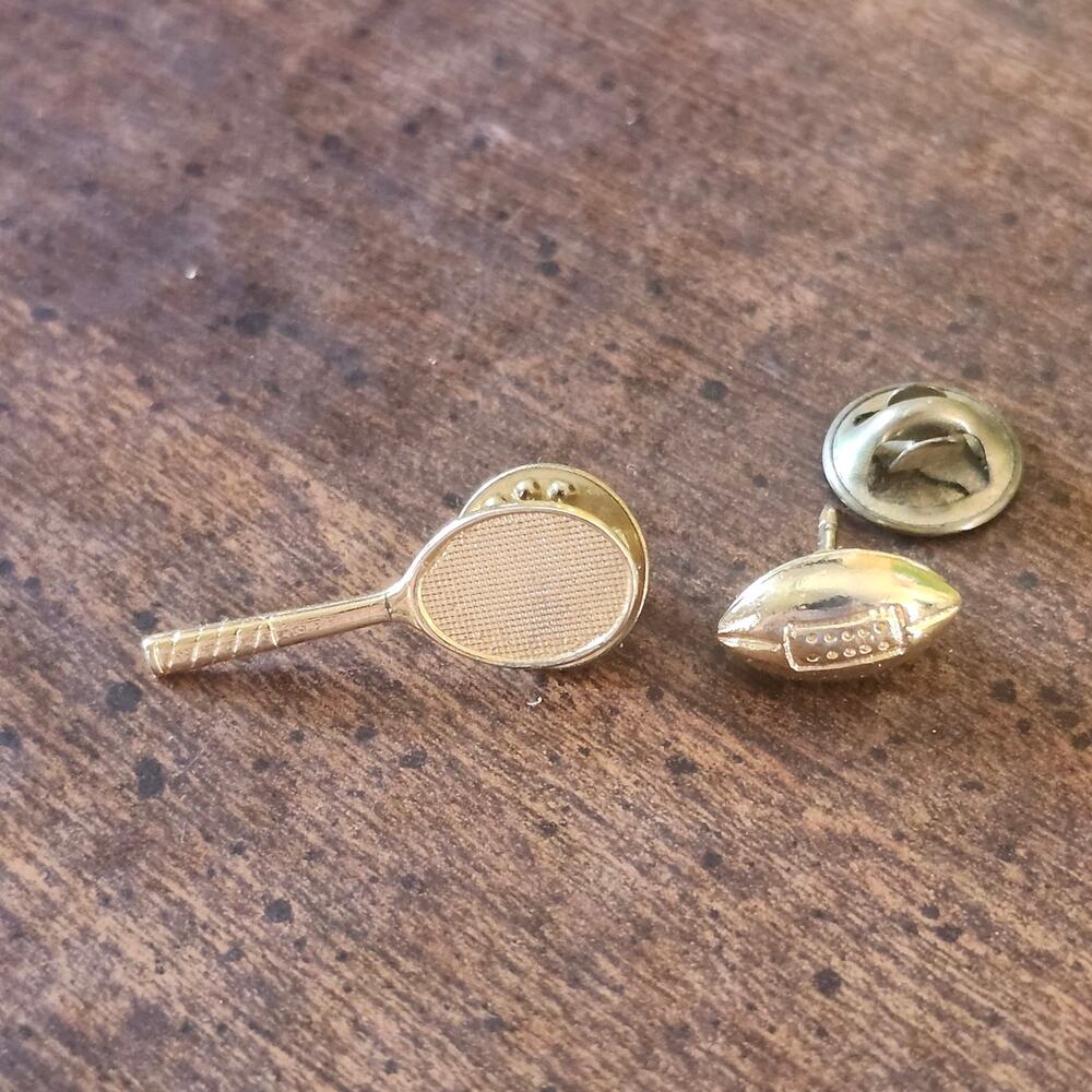 Gold Tone Sports Lapel Pin Set Tennis Racket Football Tie Tack Clutch Back Pair